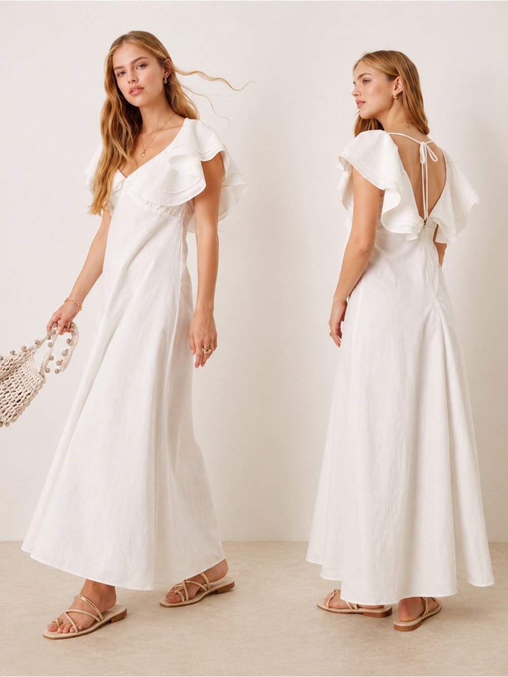 VRG GRL Party Nights White Cotton Ruffle Midi Dress NWT Open Back Size US 8